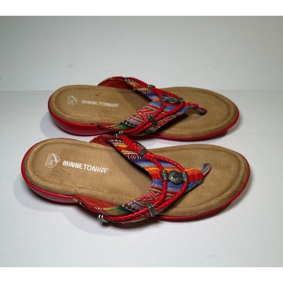 Minnetonka Women’s Silverthorne 360 Sandals Red Frisco Stripe Size 8M - Picture 1 of 7